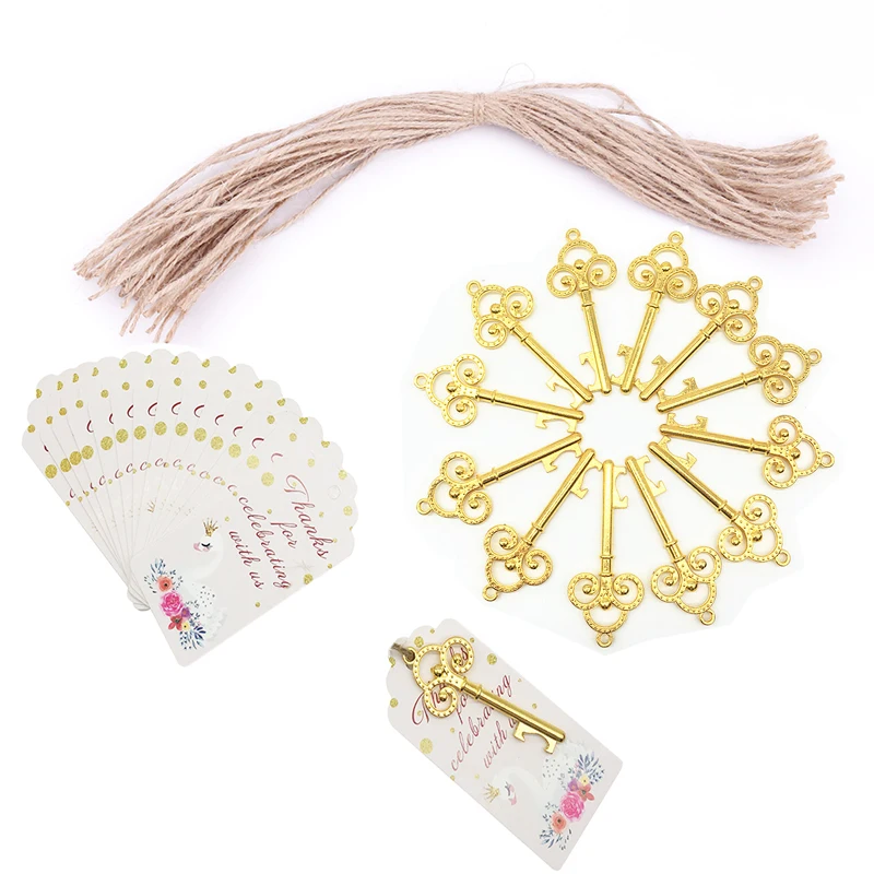 

50set Gold Key Shape Bottle Opener Alloy Key Ring Copper Keychain with Tags Gift on All Kinds of Wedding Unicorn Party Favors