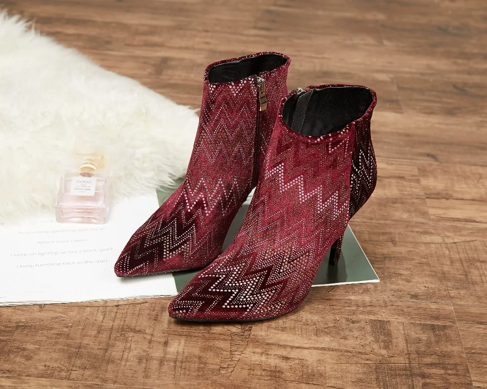 

Women Boots 2019 Spring Winter Rhinestones Pointed Toe Ankle Boots Sexy Thin Heels Shoes Ladies Short Plush Warm Botas Mujer
