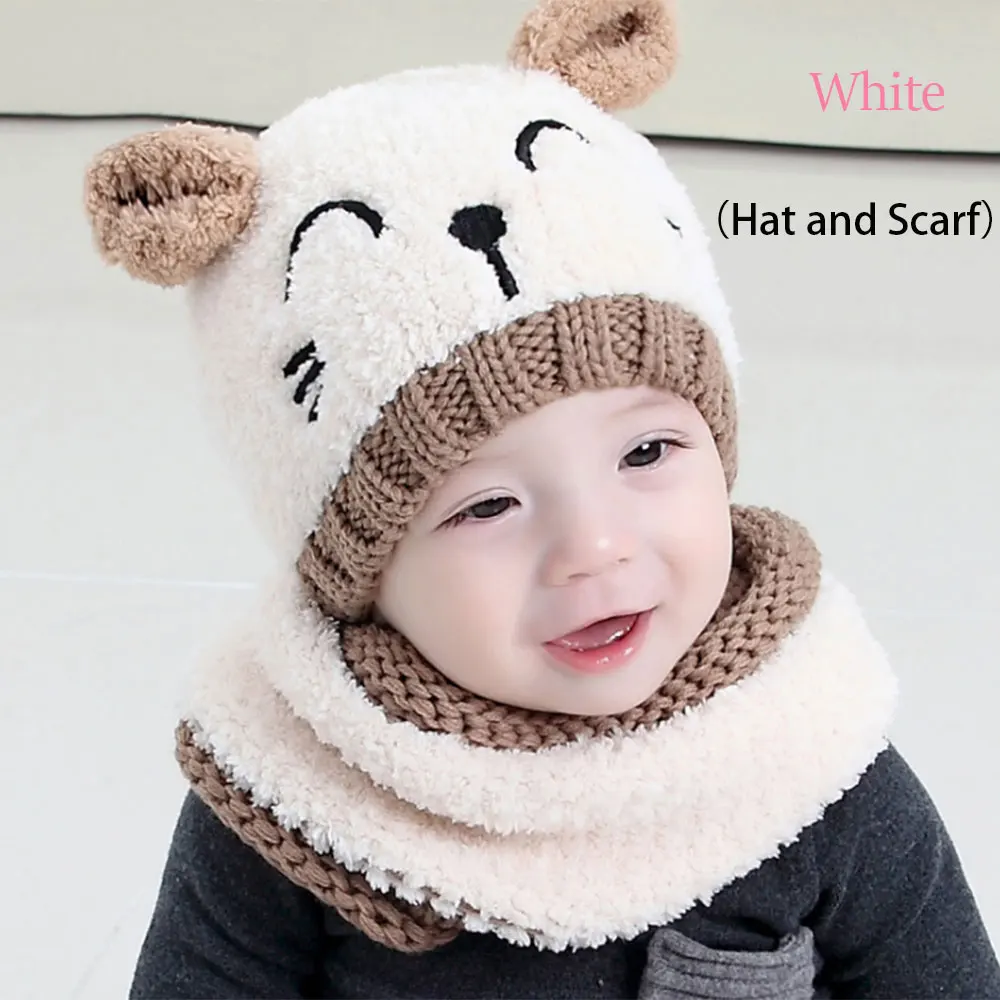 Милая вязаная шапка для мальчиков и девочек, зимний шарф с ушками, теплый костюм с шапочкой для детей 1-3 лет, комплект шарфов для малышей,, новинка года - Цвет: White Hat and Scarf