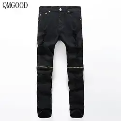 QMGOOD черный тонкий молнии байкерские джинсы Рваные джинсы Для мужчин стрейч отверстие узкие большой Размеры Повседневное Марка Тонкий