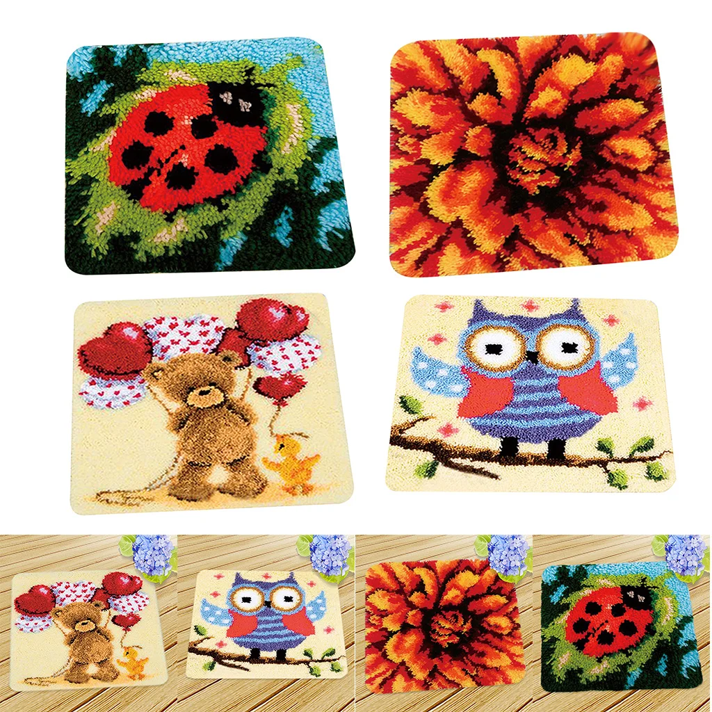 DIY Latch Hook Kit Rug Cushion Ladybug Flower Owl Bear Pillow Mat Needlework Crocheting Rug Embroidery for Beginners