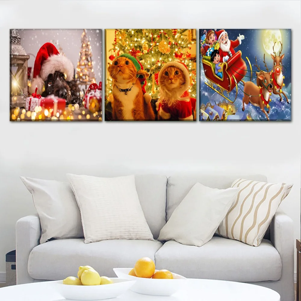 

Modular Picture Wall Art Home Decor Canvas Painting 1Pcs/3Pcs Christmas Animals Deer Cat Dog And Santa Claus Poster Unique Gift
