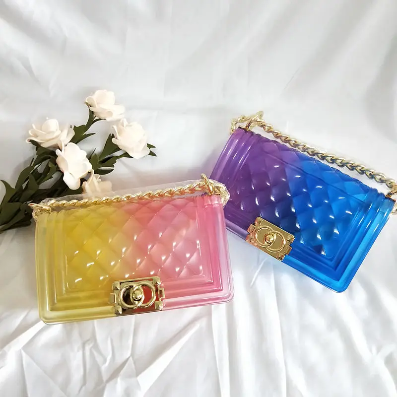 

Jellyooy Clear Colorful Transparent jelly Bag Luxury Design Chain Shoulder Messenger Lady Clutch Purse Beach Handbag