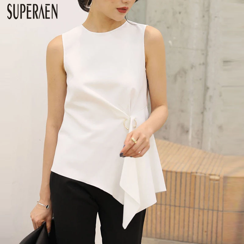 

SuperAen Europe Sleeveless Shirts Cotton Wild Solid Color Casual Ladies Blouses and Tops Summer New 2019 Women Clothing