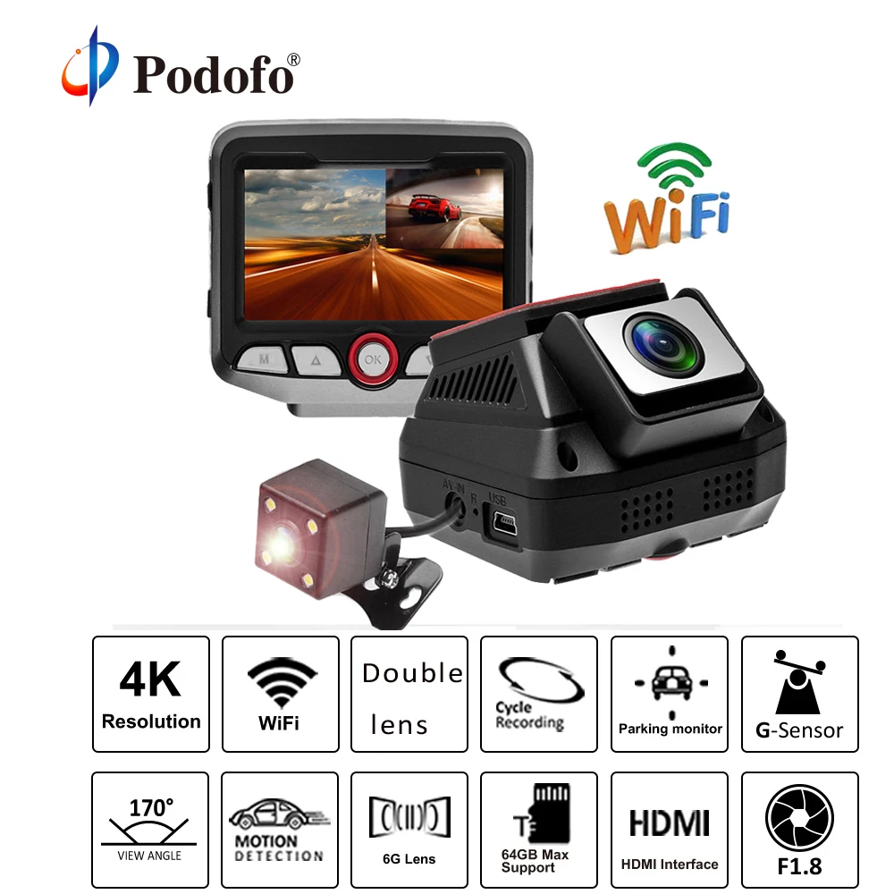 

Podofo Wifi Hidden Car DVR 2.45" Novatek 96658 Dash Cam HD Dual Lens Video Recorder Registrator Car Camcorder Hardwire Converter