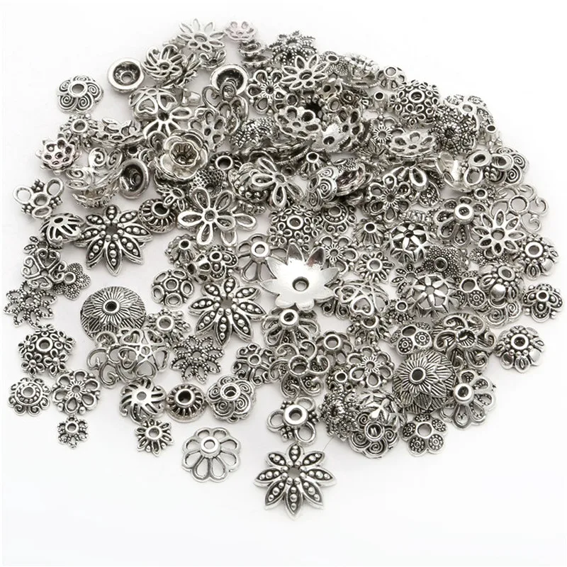 

40g About 150pcs Silver Mixed Different Patterned Bead Caps End Beads For DIY Jewelry Making Bracelets