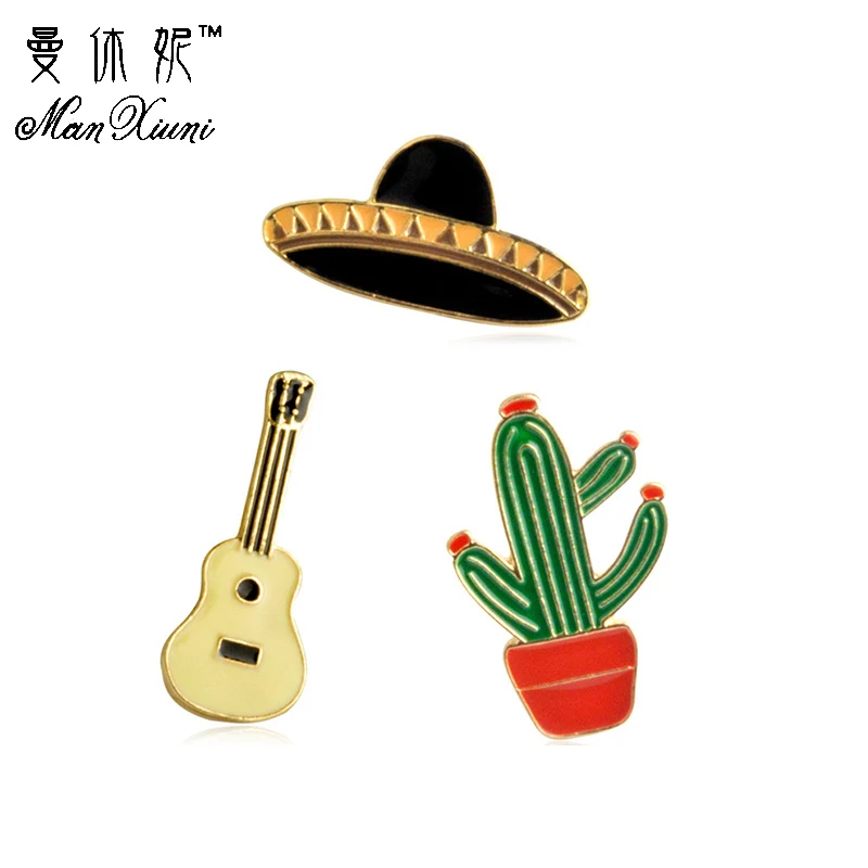 

Manxiuni 3pcs/set Fashion Colorful Hat Cactus Guitar Uke lili Small Brooches for Women Kids Sweater Suit Accessories Pins