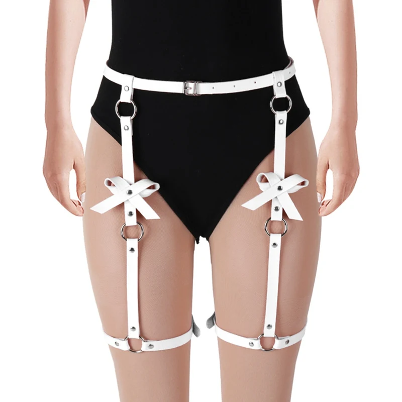 

Sexy Leather Garter Belt Body Harness White Stockings Strap Caged Punk Goth Adjust Plus Size Party Festival Rave Wear Women