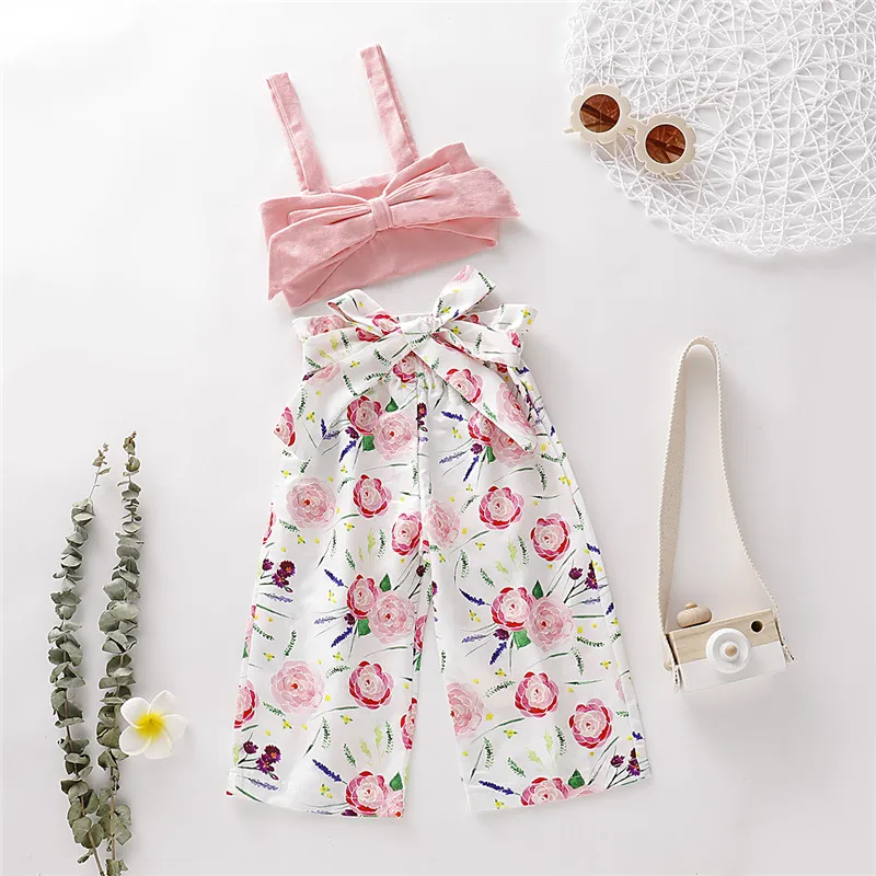 

Fashion Newborn Baby Kids Girls Bowknot Vest Top+Pants Clorhes Floral Outfits