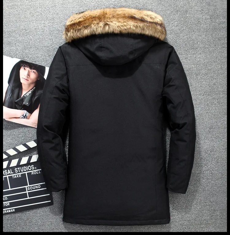 Новое пальто средней длины мужская пуховая куртка Россия зимняя куртка для мужчин меховой воротник Толстая ветровка пуховик для мужчин