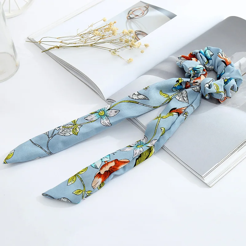 AWAYTR Print Chiffon Scrunchie Elastic Hair Band Bow Hair Ropes Sweet Ladies Head Band Girls Hair Ties Women Hair Accessories