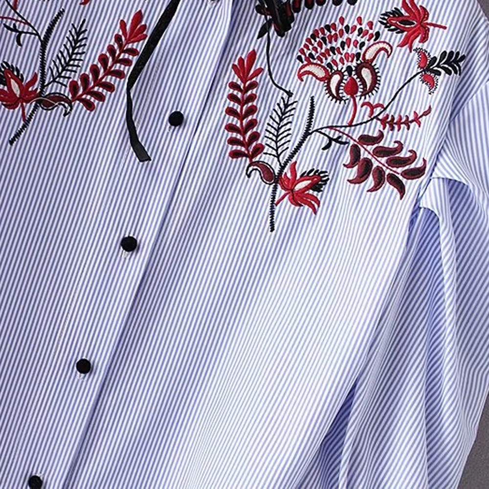 women's blouse cotton embroidery regular style button lapel lantern turn-down collar sleeve striped summer casual lady's shirt 
