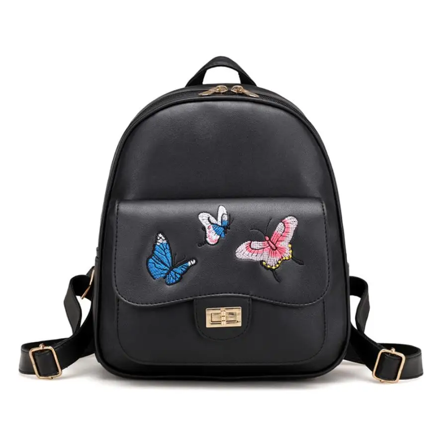 4 шт./компл. цвета: бежевый, черный, Для женщин рюкзак с вышивкой в виде бабочек и застежкой-молнией с отворотом для девочек-подростков из искусственной кожи рюкзак Mochila Feminina# YL5 - Цвет: Черный