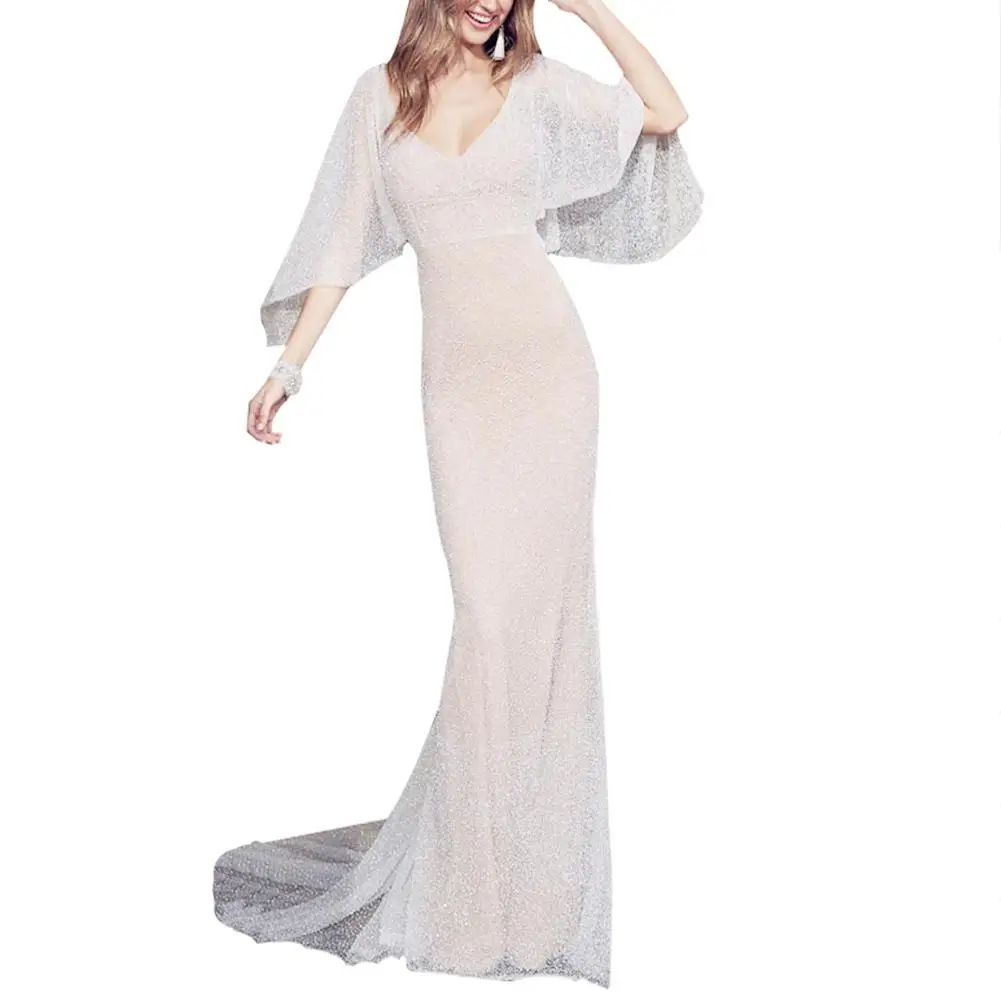 

MISSKY Woman Summer Dress Solid White Color Chic Lace Thin Deep V-neck Dress Elegant Full Dress Female Clothes