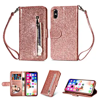 

For Iphone X XR XS 11 Pro Max Wallet PU Leather Holder Stand Silicone Case For 8 7 6 6S Plus Glitter With Card Slot Flip Cover