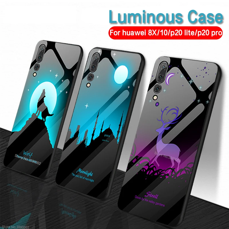 

Luminous Phone cover For Huawei Honor 8x 10 p20 lite pro Night Shine tempered Glass Case hauwei honer hono 8 x p 20 light Shell