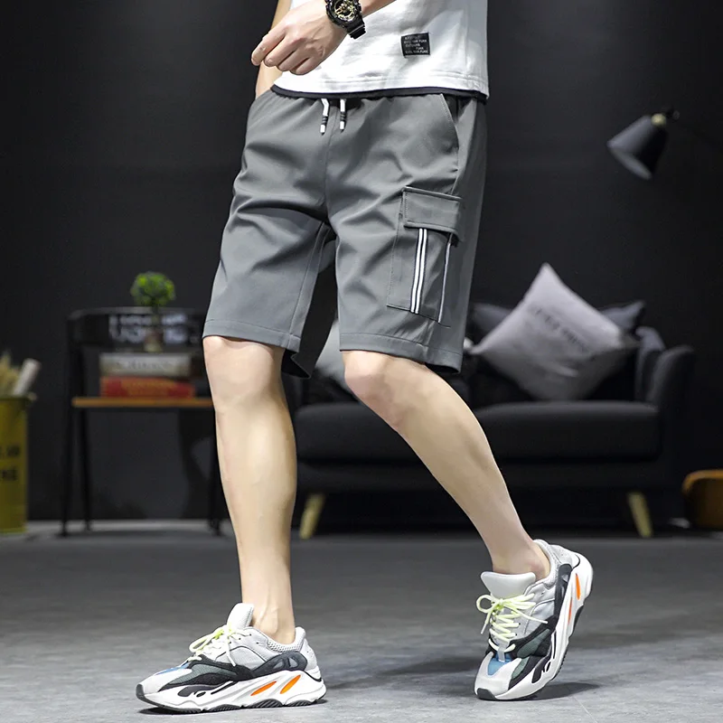 Модные мужские шорты с несколькими карманами, однотонные мужские шорты с эластичной резинкой на талии, дышащие повседневные