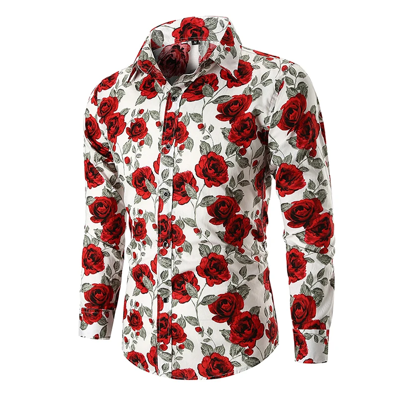 

Fashion Long Sleeve Rose Floral Print Shirt Men 2018 Autumn New Causal Hawaiian Shirt Mens Wedding Party Prom Dress Shirts Male