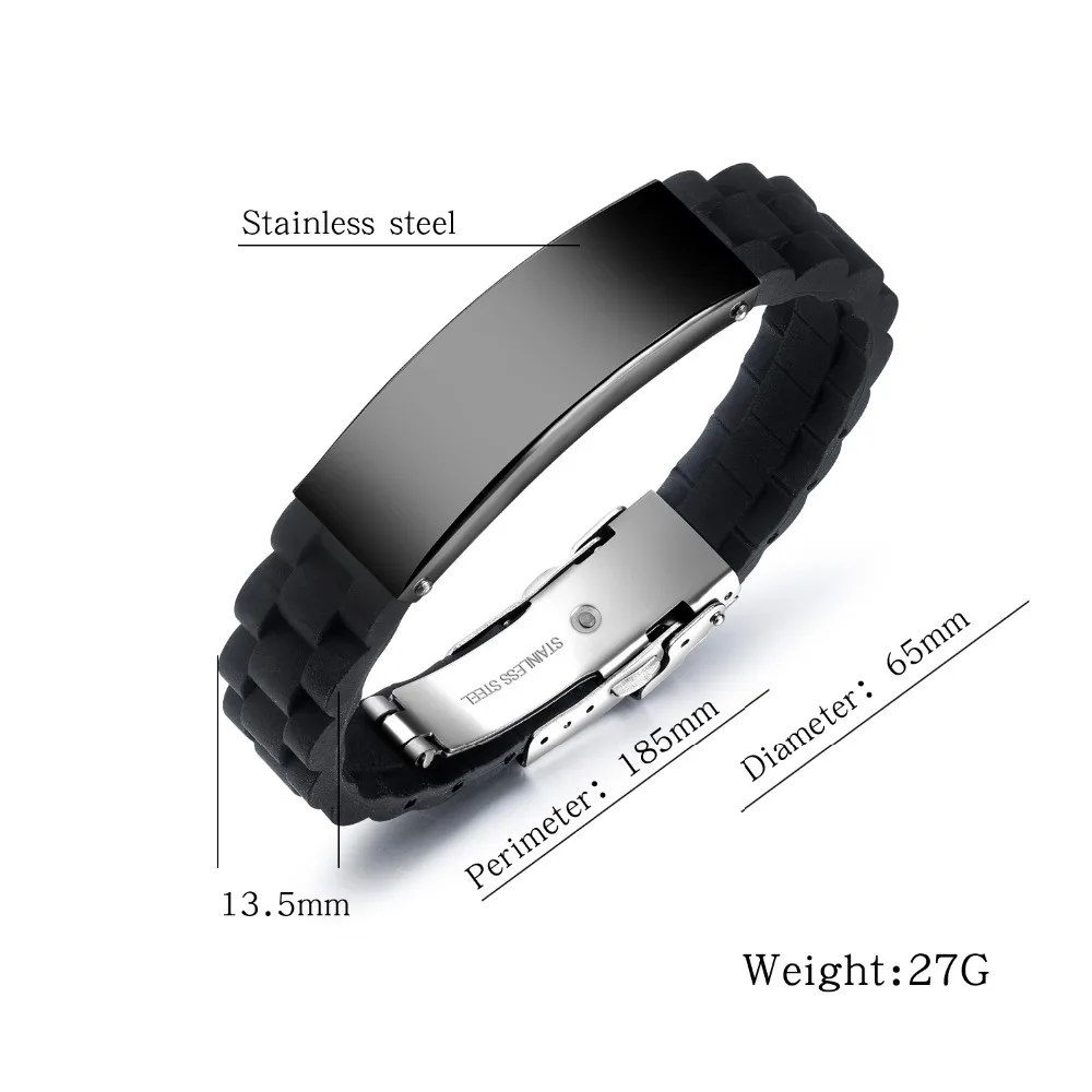 FATE LOVE Brand Fashion Jewelry Boy Men ID Bracelet Wristband Bangles Silicone + Stainless steel in Silver Black color