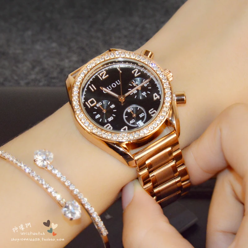 Модные брендовые женские роскошные Многофункциональные Часы Guou из нержавеющей стали с 3 глазками и шестью контактами из золота, кварцевые стразы, кварцевые наручные часы