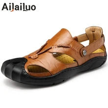 Мужские сандалии из натуральной кожи Лето г. новая пляжная мужская повседневная обувь уличные сандалии Большие размеры 38-46 3435