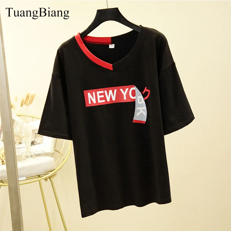 

Ladies 2019 Spring Summer New York Print T Shirts Letter Femme Plus size Tee Shirt Women V-Neck Cotton Loose Short sleeve Tshirt