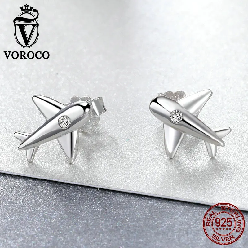 VOROCO, 925 пробы, серебряный маленький самолет, корейские сережки-шпильки, стильные крошечные серьги для женщин, свадебные модные ювелирные изделия, VSE153