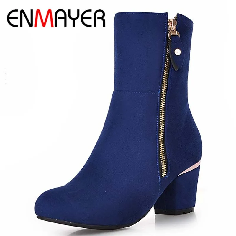 

ENMAYER Big  Size Nubuck Leather Square High Heel Ankle Round Toe Zip  Rubber Boots For Women 3-color New Fashion Boots