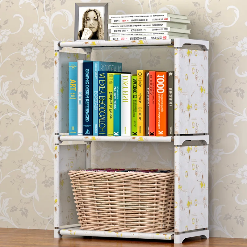 

Simple 3-Story Bookcase Stainless Steel Non-Woven Multi-Purpose Bookshelf Moveable Bedroom Furniture Dust Storage Rack