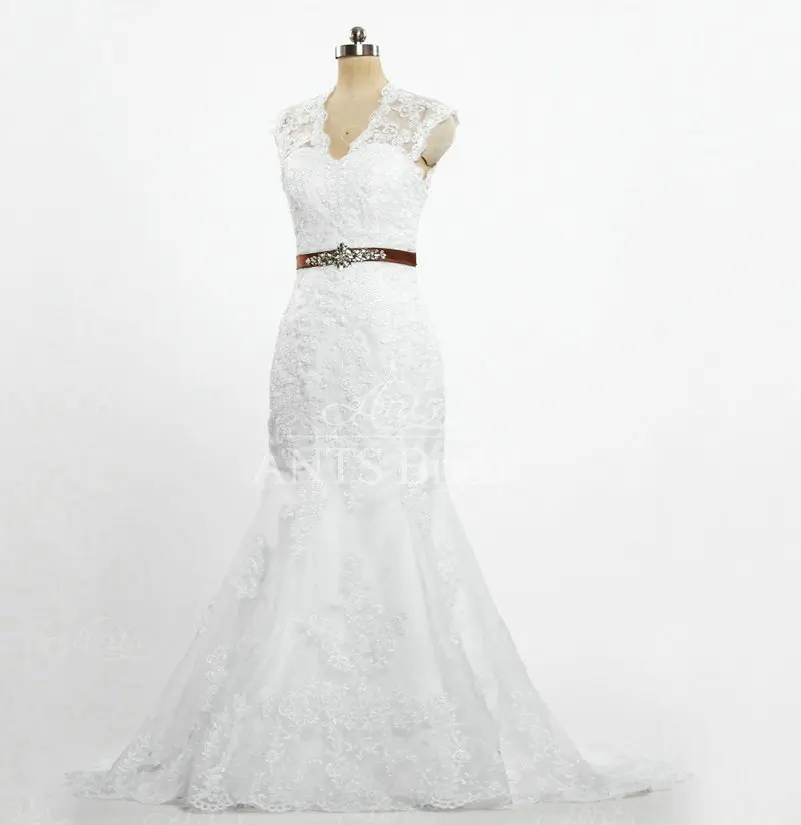 W1214 Elegant Bead Brown Sashes Cap Sleeve Back Transparent Wedding