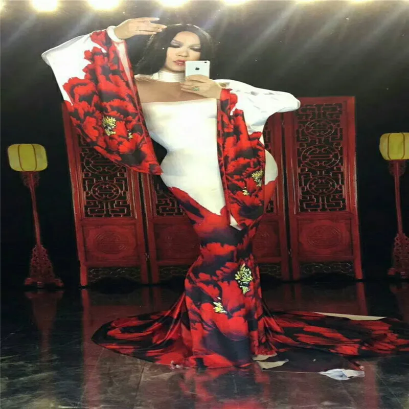 F66 Rood wit vrouwen lange Trailing rok show dj outfit zanger prom ballroom kostuums Mermaid lange jurk doek catwalk per F66 Rood wit vrouwen lange Trailing rok show dj outfit zanger prom ballroom kostuums Mermaid lange jurk doek catwalk per