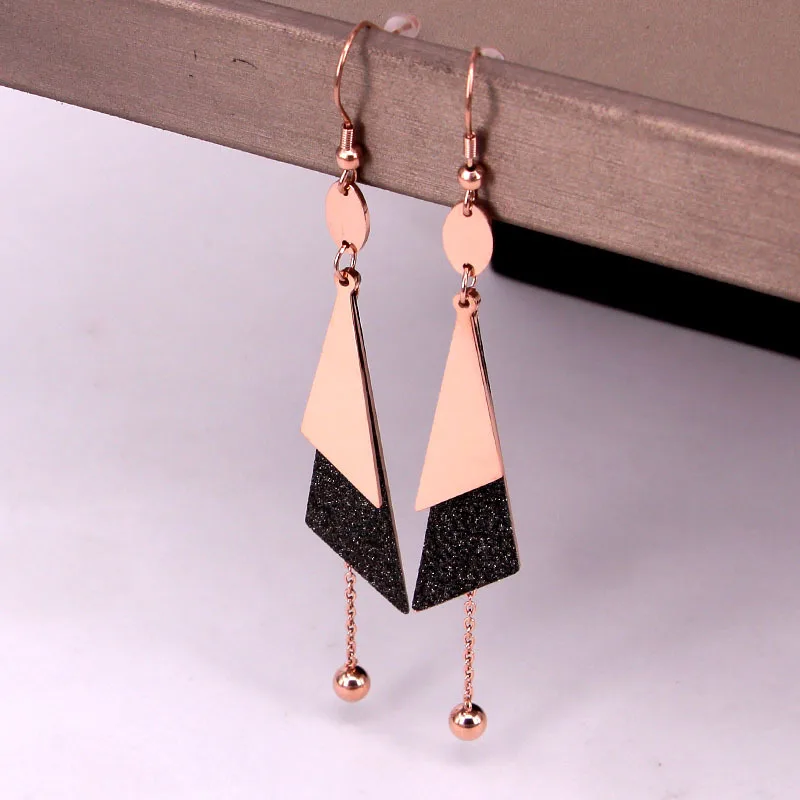 

Stainless Steel Black Dull Polish Geometric Double Triangle Ball Chain Drop Earrings Rose Gold Color Women Party Wedding Gift