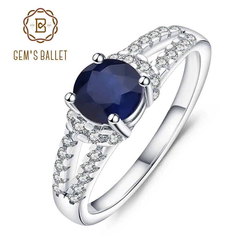 Женское балетное кольцо GEM'S круглое 1.31Ct натуральное синее сапфировое из