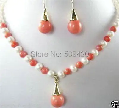 

Free Shipping >>>>JEWELRY 7-8MM PINK CORAL WITH WHITE PEARL EARRING NECKLACE SETS