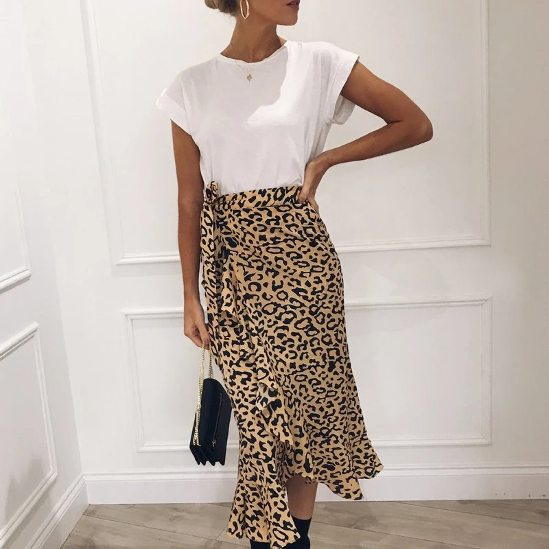 

BellFlower Ruffle Leopard Wrap Skirt Women Sash Tie Up Office Summer Skirt Asymmetric High Waist Streetwear Long Skirt Femme