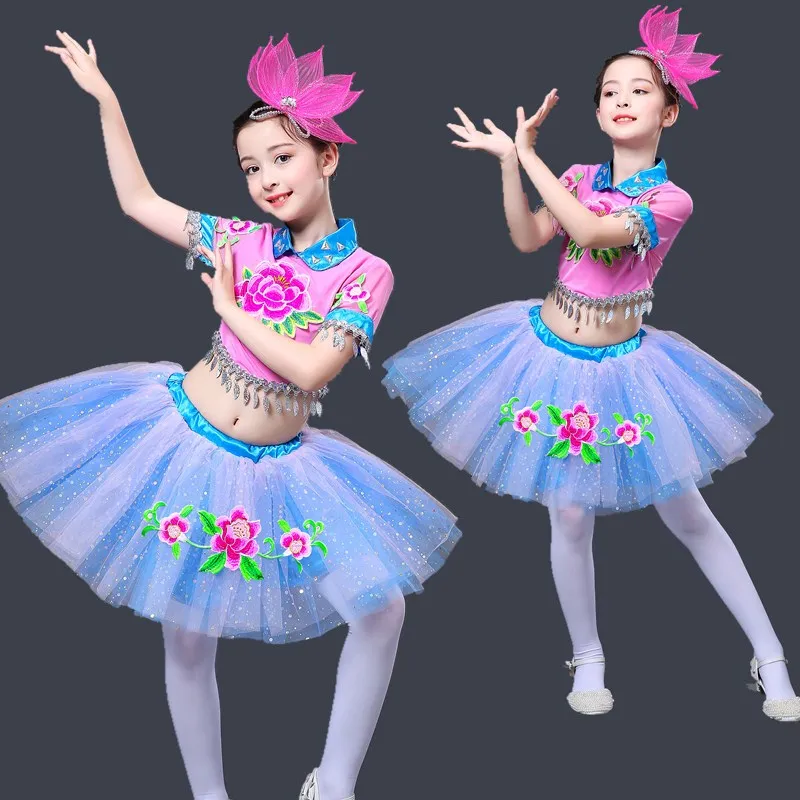 

Flower salsa dance wear dance dress kids girls child dance costume girl kids carnival costumeTop + skirt set