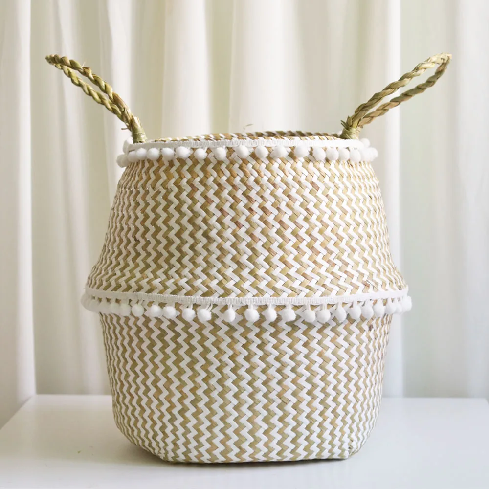Large Foldable Seagrass Belly Basket Pom Pom Flower Plant Pot Laundry Storage 