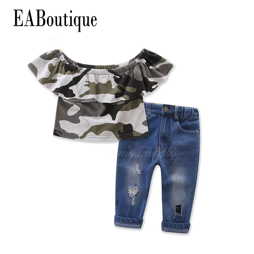 

EABoutique summer Fashion girls clothes CUTE camouflage pattern ruffle flat shoulder tee with jeans 2 piece outfit
