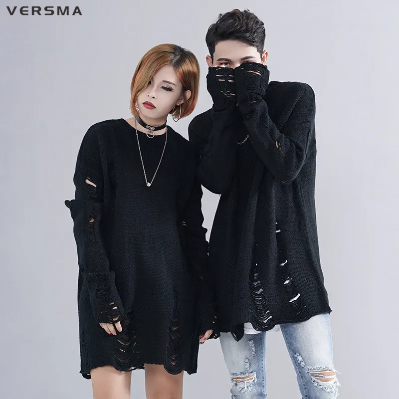VERSMA корейский рваные негабаритных Канье Западный свитер мужской пуловер высокого качества черный Джастин Бибер свитер для пар Прямая поставка