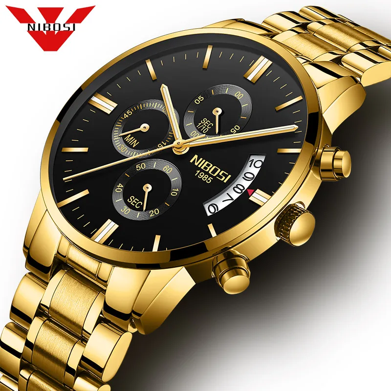 

NIBOSI Mens Watches Top Brand Luxury Chronograph Stainless Steel Men Watch Waterproof Gold Watch Men Luxury Golden Steel Watches