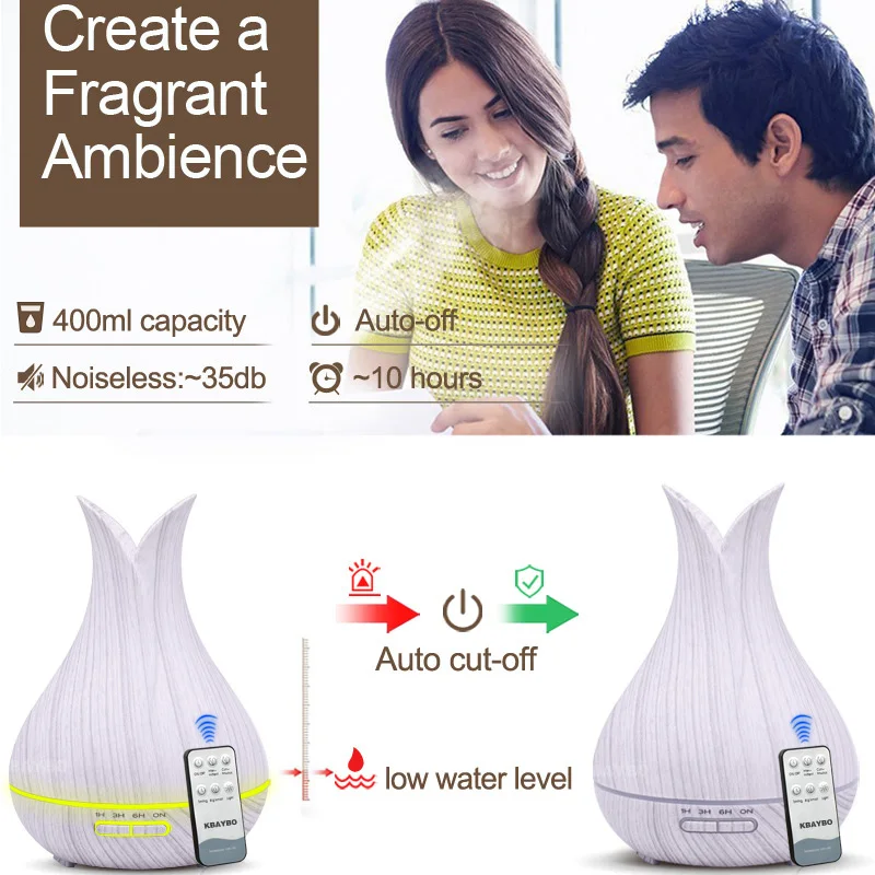 Kaufen KBAYBO 400ml luftbefeuchter mit fernbedienung weiß holzmaserung aroma öl diffusor luftreiniger 7 farben optionen lampe für home