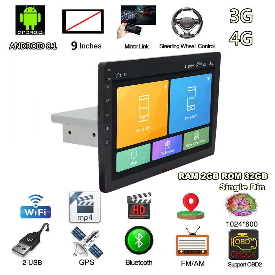 Discount 9" Universal1 Din Android 8.1 Touch Screen Quad-core RAM 2GB ROM 32GB Car Stereo Radio GPS Wifi 3G 4G BT DAB Mirror Link OBD 2