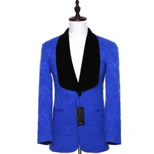 Королевский синий мужской деловой костюм куртки наборы Slim Fit цветочный узор жених смокинг черный бархат корабль воротник с отворотом на заказ