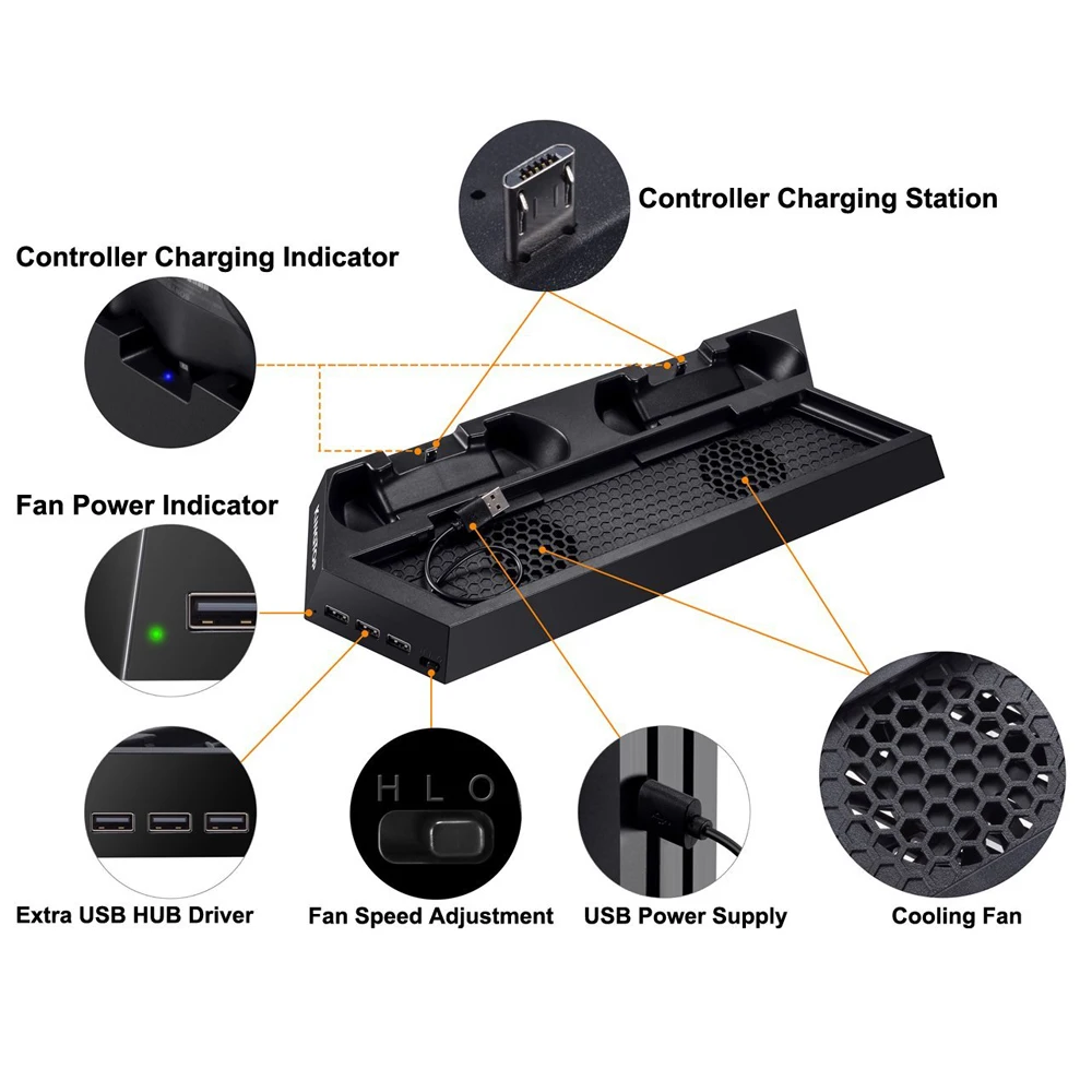  For PS4/PS4 Pro/PS4 Slim Dual Controller Charging Station with Cooling Fan for Sony Playstation 4 D