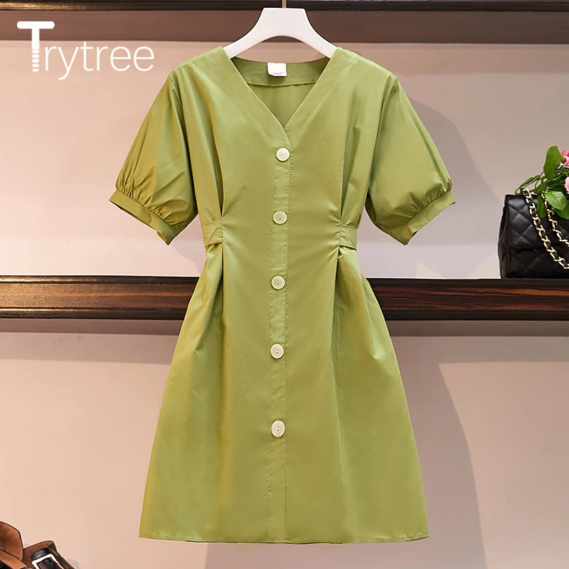 

Trytree Summer Women Dress Casual Solid V-neck Buttons Shirt Dresses Ribbons Bow Puff Sleeve Above Knee A-Line Office Lady Dress