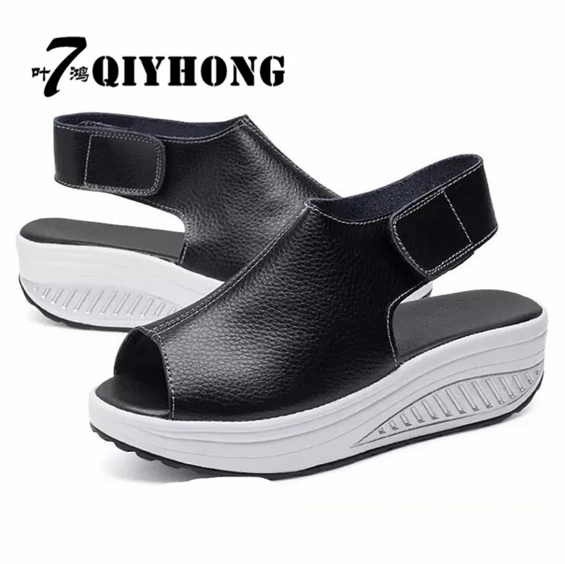 

Summer Thick Slope With Shaking Shoes Fashion Leather Women Sandals Hollow Selling Casual Shoes Fish Head shoes woman