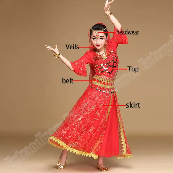 Болливуд танцевальные костюмы набор детей Индийский танец живота девушки представление(головные уборы вуаль Топ Пояс юбка ожерелье серьги - Цвет: Red-5pcs