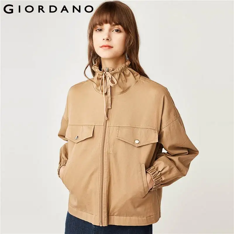 

Giordano Women Jacket Women Loose Drawstring Stand Collar Thin Long Sleeve Jacket Women Elastic Cuffs Stylish Pocket Manteau
