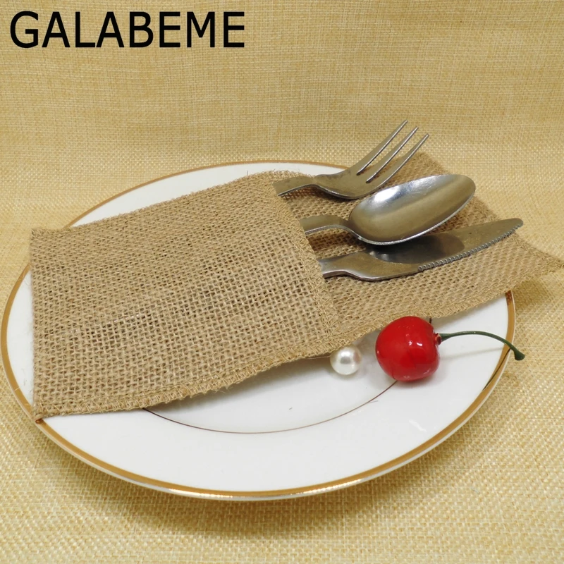 

Galabeme 1piece 21x11CM Eco-friendly burlap Jute Cutlery Pocket Knife and Fork Burlap bag vintage rustic wedding decoration