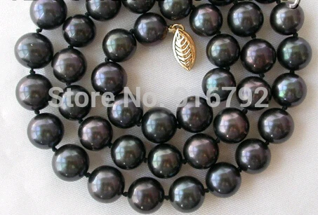 

P&P stunning big AAA 10mm perfect round black freshwater pearl necklace 14K